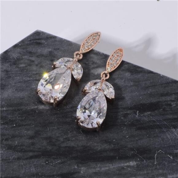 Rose Gold CZ Teardrop Earrings | Sparkly Marquise Crystal Dangle - Picture 2 of 5